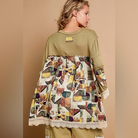 POL Moss Green Bohemian Patchwork Oversized Tunic and Moss Green Lace Trim Sz M - Picture 2 of 4